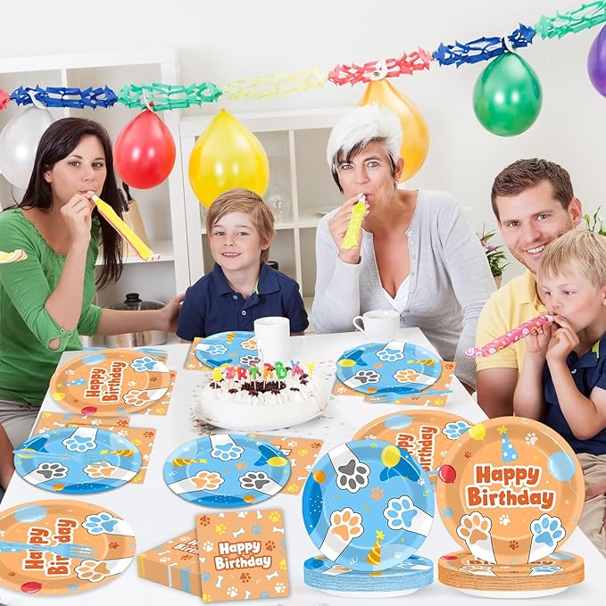 Justforjoyful 96Pcs Blue Dog Happy Birthday Party Supplies Cartoon Puppy Paper Plates and Napkins Disposable Paw Tableware Dinnerware Set for Kids Dogs Parties Decorations Favors Baby Shower Serve 24