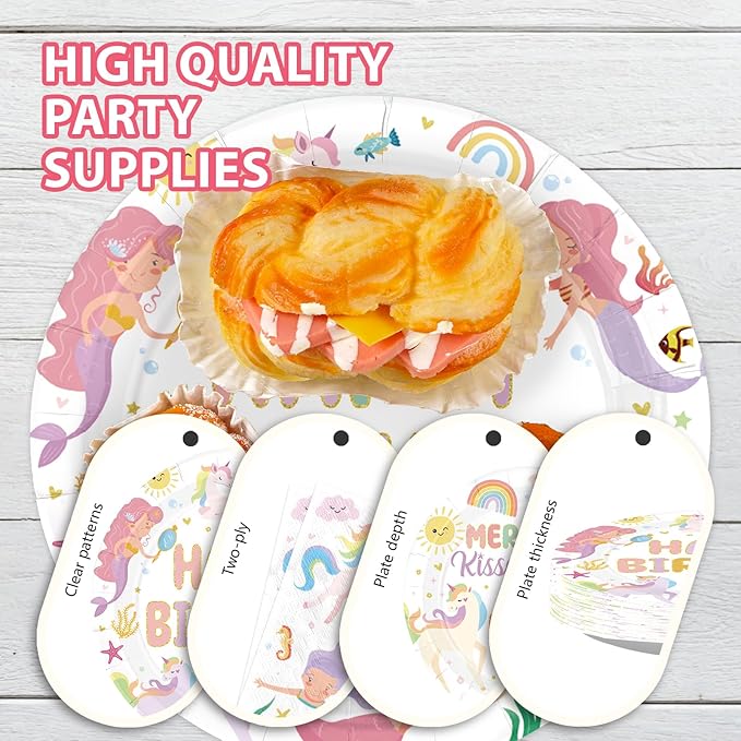 96 Pcs Mermaid Unicorn Birthday Party Decorations Cartoon Mermaid Paper Plates and Napkins Magical Pastel Rainbow Unicorn Tableware Sets for Girls Happy Birthday Baby Shower Party Supplies Serves 24