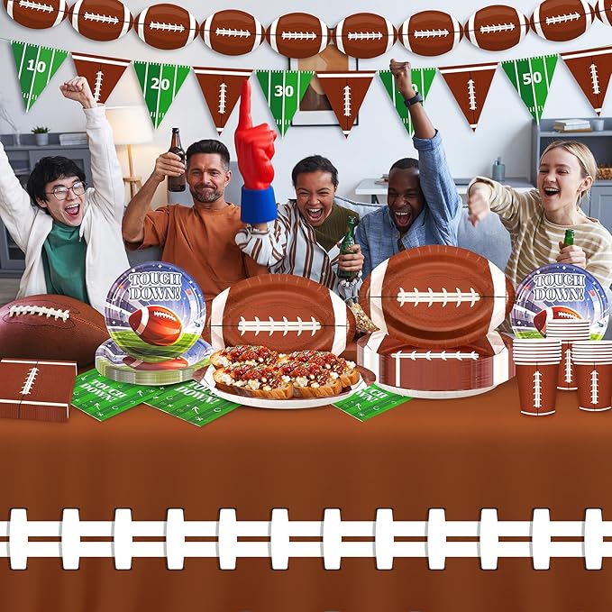 99PCS Football Party Tableware Supplies,Set of 24 Football Plates Napkins Cups,11.8in Football Shaped Disposable Paper Plates,Banner and Touchdown Tablecloth for Birthday Gameday Tailgate Decoration