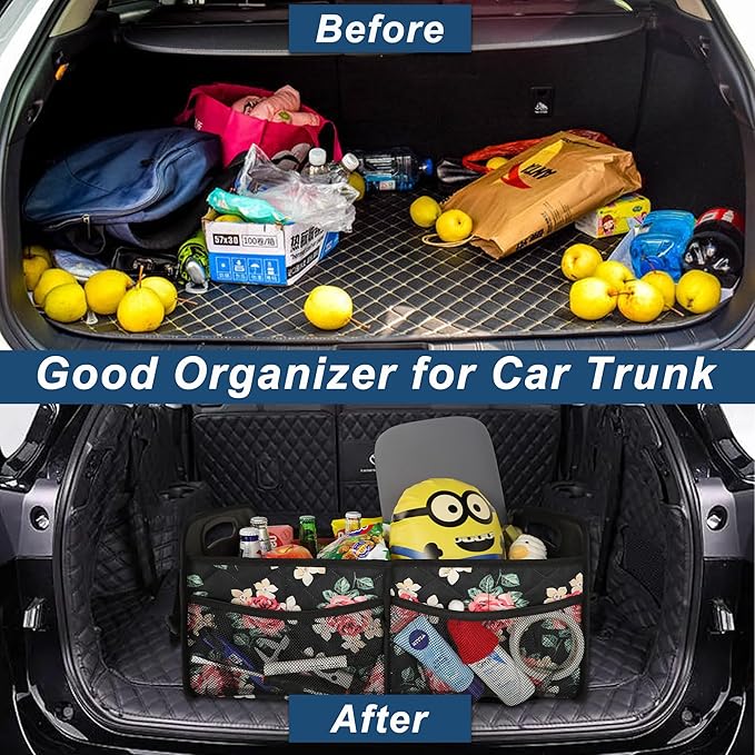 Deosk Trunk Organziers and Storage with 6 Big Pocket, 50L Waterproof Polyester Car Accessories for Women/Men (Medium, Floral)