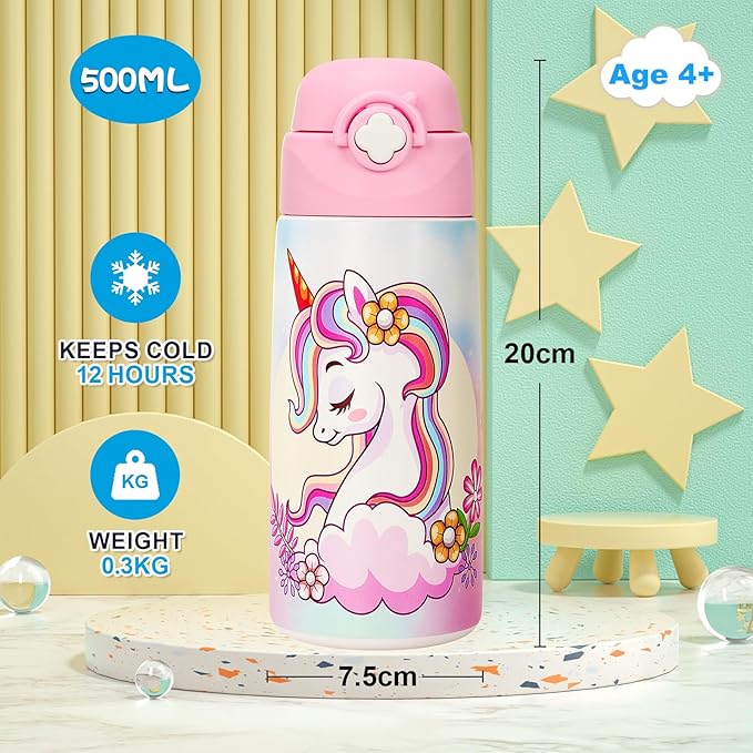 Girls Insulated Water Bottle with Covered Pop-Up Straw,16 oz Kids Cups with Stainless Steel Leak Proof for School Pink（Unicorn）