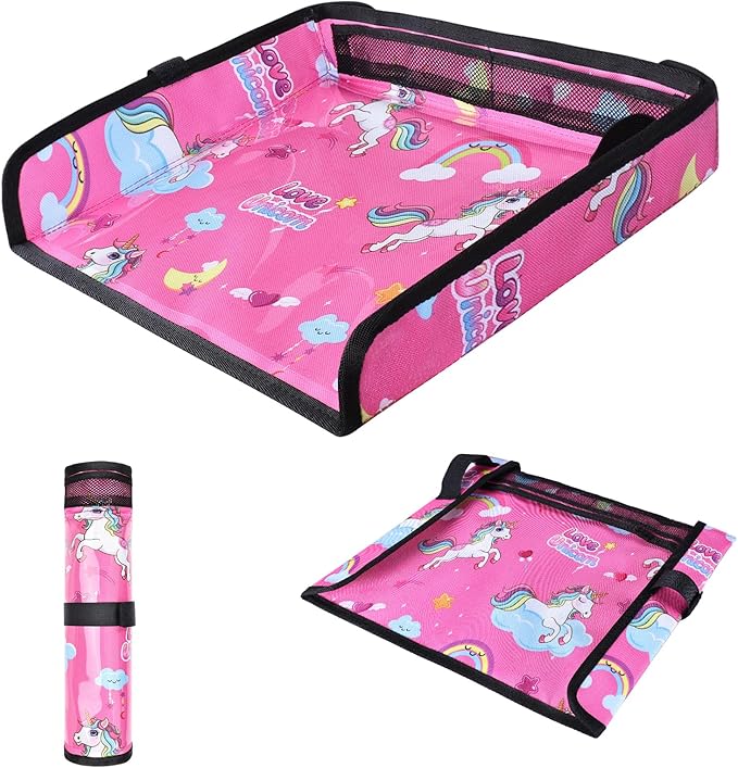 COOLBEBE Airplane Tray Table Cover Foldable Travel Tray Cover for Toddlers 1-3 Universal Fit for Airplane, Car Seat, High Chair Machine Washable, Portable Pink Unicorn