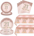 62Pcs 21st Birthday Decorations for Girls Her, Rose Gold Birthday Party Supplies Include 40Pcs Plates 20Pcs Napkins and 2Piece Tablecloth, Rose Gold Sweet 21 Party Tableware for 20 Guests
