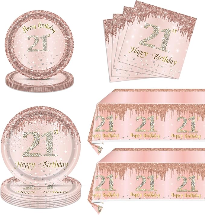 62Pcs 21st Birthday Decorations for Girls Her, Rose Gold Birthday Party Supplies Include 40Pcs Plates 20Pcs Napkins and 2Piece Tablecloth, Rose Gold Sweet 21 Party Tableware for 20 Guests
