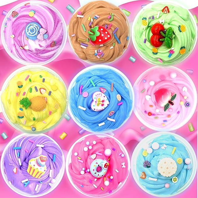 KUALUDJIT12Pack Butter Slime Kit with Cake Charms Super Soft & Non-Sticky,Stress Relief Toy for Girls and Boys,Party Favors and Birthday Gift，Easter Basket Stuffers