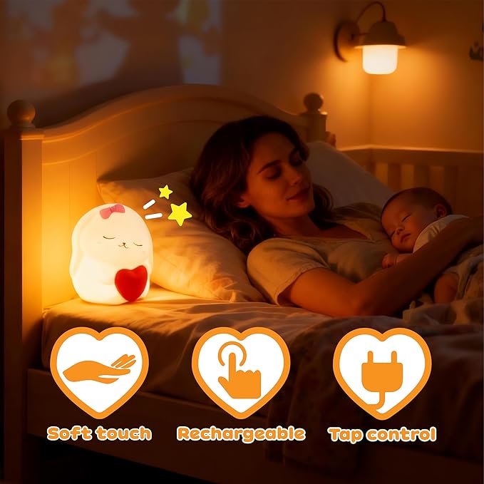 Rechargeable Rabbit Night Light for Kids: Soft silicone squishy LED with 7 colors & dimming. Fits college dorms, baby rooms; great for breastfeeding. Ideal gifts for girls & boys.