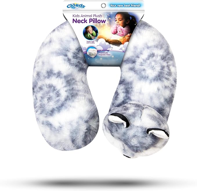Cloudz Kids Super Soft N' Cuddly Animal Airplane Travel Neck Pillow! Keep Children Comfy and Supported with a Buddy While Traveling or just Resting at Home - Grey Wolf