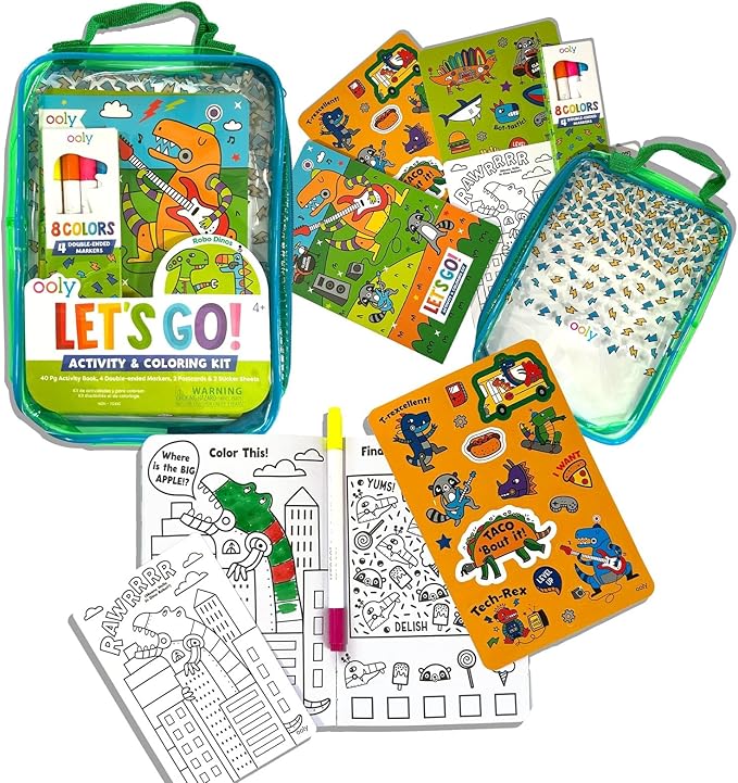 Ooly Let's Go Activity & Coloring Book Kit Complete with Markers, Stickers, Puzzles & More - Portable All in One Set - Robo Dinosaurs