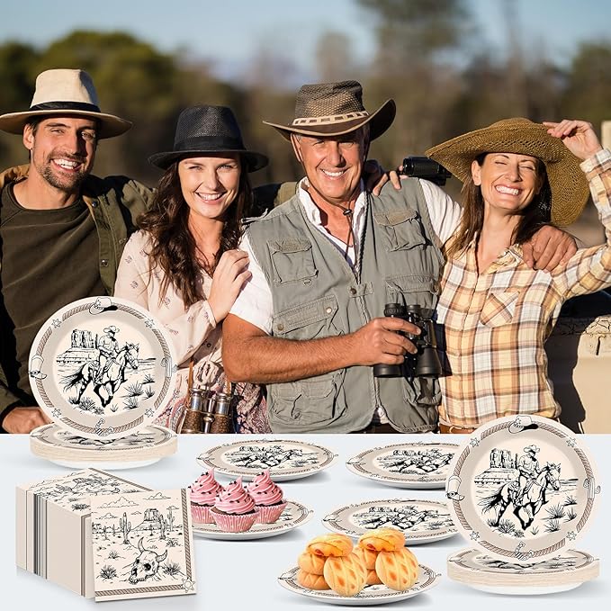 CHUNNIN 50Pcs 7in Western Party Paper Plates and Napkins Cowboy Dessert Cake Plates Rodeo Bachelor Theme Decorations Wild West Tableware Set Serves 25 Guest Cowboy Birthday Party Supplies