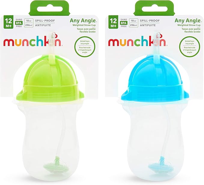 Munchkin Any Angle Weighted Toddler Straw Cups with Click Lock Lid, 10 Ounce, 2 Pack, Blue/Green