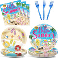 CHUNNIN 96Pcs Hello Summer Plates and Napkins Beach Party Decorations Hawaiian Tropical Disposable Paper Dessert Plates Tableware Set for 24 Guests Kids Summery Ocean Pool Birthday Party Supplies