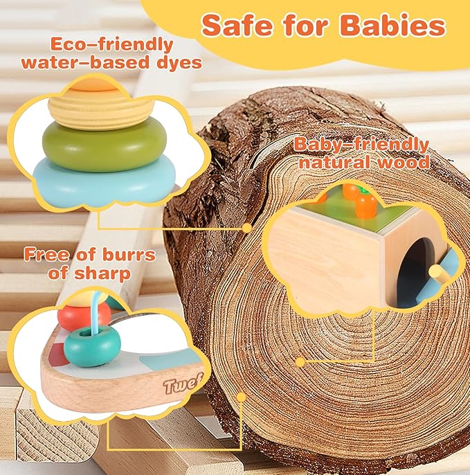 Twefex Wooden Montessori Learning Toys Kit,Babies Toys Set for 1 Year Old, Sensory and Thinking Play kit for Toddlers (Boys and Girls). 4 in 1 Drop Box; Rocking Stacker; Bead Maze.