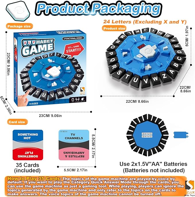 Word Game Family Board Games for Kids & Adults with 2 Modes,220 Topic Categories 24 Letters Pressing Games,Fun Fast-Paced Learning Game with English Pronunciation for Boys Girls Age 3+,35 Cards,Blue