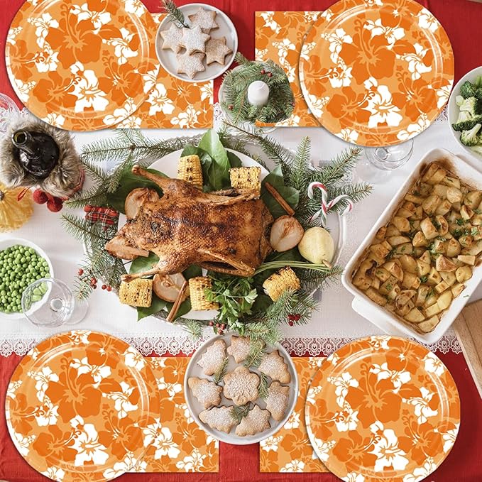 Orange Hawaiian Hibiscus Flowers Party Decorations for Kids Tropical Party Decorations 40PCS Hawaiian Flower Theme Party Plates and Napkins
