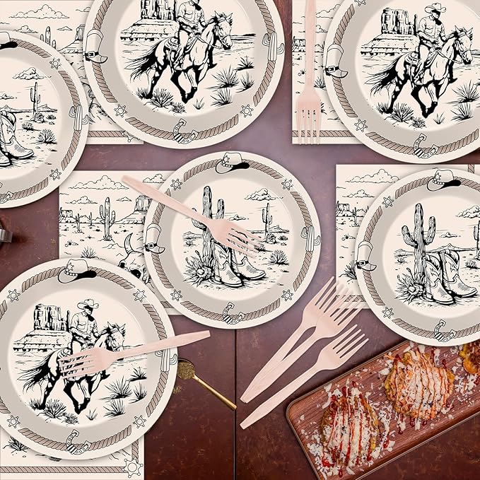 96Pcs Cowboy Party Plates and Napkins for Western Birthday Supplies First Rodeo Bachelorette Themed Paper Dessert Plates Cowboy Ranch Tableware Set for Kids Boys 24 Guests Birthday Party Decorations