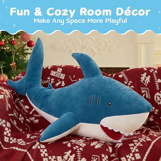 MorisMos 39inch Giant Shark Stuffed Animal, Large Stuffed Shark Plush Toys Pillow Gift for Kids Girlfriend, Blue