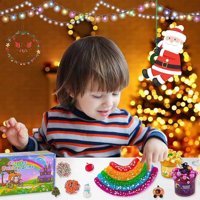 6 Pack Glitter Crunchy Slime Kit, Rainbow Slime for Kids, Christmas Stocking Stuffers, Slime Party Favors Sensory Toys, Holiday Birthday Easter Hallowmas Christmas Girls Gift & Boys Gift