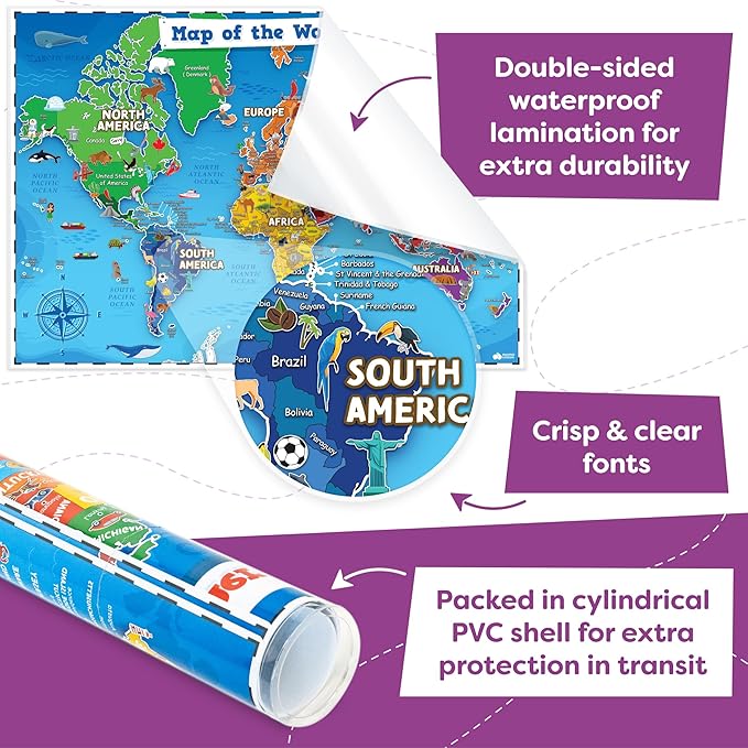 Momo & Nashi United States Map For Kids & World Maps For Kids 2pc Set - 24” x 16” Waterproof Classroom Posters - Childs World Map - Teacher Classroom Must Haves - Homeschool Teacher School Supplies