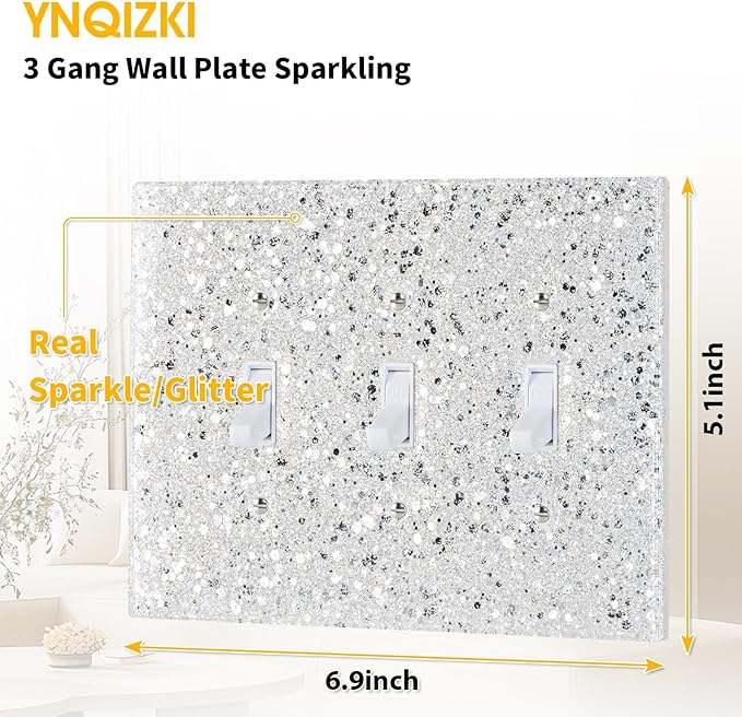 Shiny Silver Triple Light Switch Cover Plate,Glitter Never Peel Off,3-Gang 5.1''x6.9'',Bling Decor for Girls