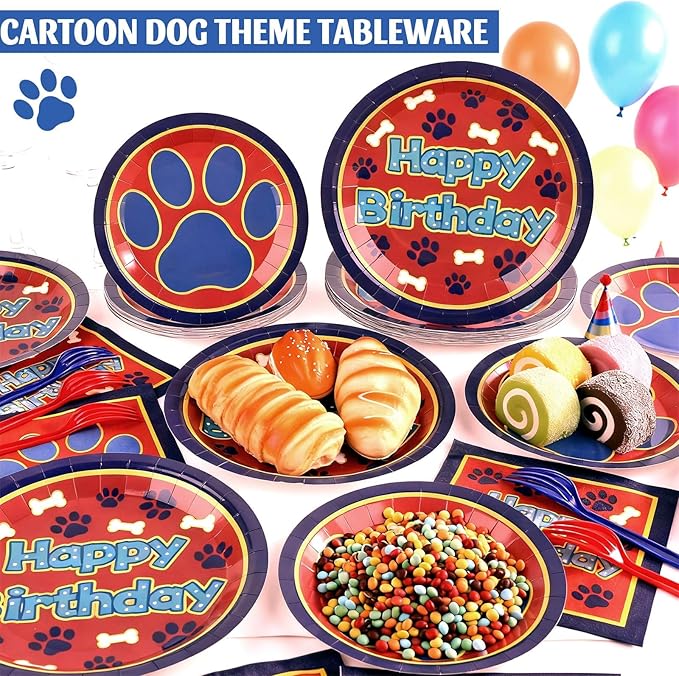 96 Pcs Cartoon Dog Birthday Party Plates and Napkins Paw Print Party Decorations Puppy Theme Supplies Lets Pawty Paper Dessert Plates Tableware Set for Kids Boy Girl Baby Shower 24 Guests