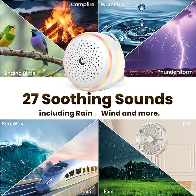 White Noise Sound Machine for Baby Sleep, 27 Soothing Sounds, Brown Noise, 24H Battery, 3 Warm Night Light Modes, 11 Color Lamp, Timer, Memory Function, Portable for Travel