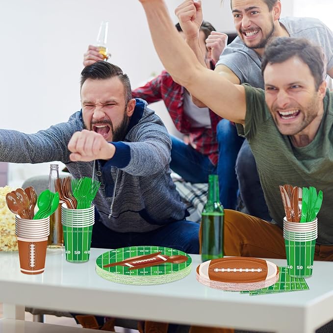 175 Pcs Football Tableware Set - Serves 25, Football Themed Disposable Plates, Cups, Napkins, Forks, Spoons, Knives for Game Events Birthday Party Supplies, Sports Holiday Gathering