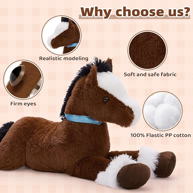 Tezituor 35Inches Large Horse Stuffed Animal, 3 Feet Realistic Stuffed Pony Plush Toy, Hugging Soft Chocolate Horse Plush Body Pillow Gift for Kids Girlfriend