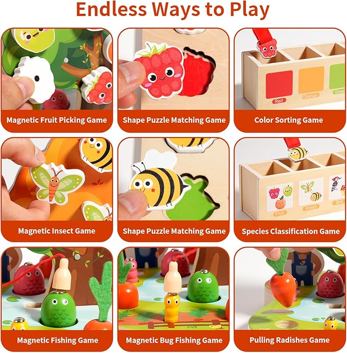 INIFEIDALA Montessori Toys for 2 3 4 Year Olds | Birthday Gifts for Boys & Girls, Wooden Educational Toddler Toys, Shape Sorting, Carrot Harvest & Magnetic Fishing Game – Fine Motor Skills Development