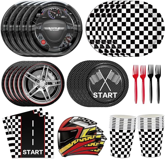 144pcs Race Car Plates Napkins Party Supplies Racing Themed Paper Cups Race Car Birthday Party Decorations Racing Tableware Set for kids Boys Birthday Decor Serves 24