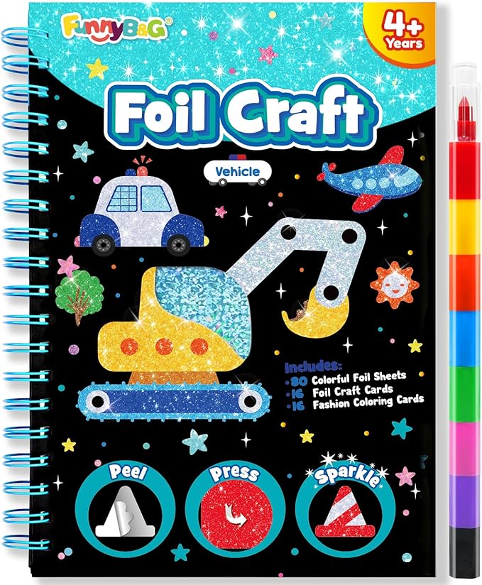 FUNNYB&G Foil Art Crafts for Kids Ages 4-8: Mother's Day 2026, Birthday Gift for Boys, Art and Crafts Supplies, Party Favors, Creative Toys for Boys 4 5 6 7 8 9 Years Old (Vehicle)
