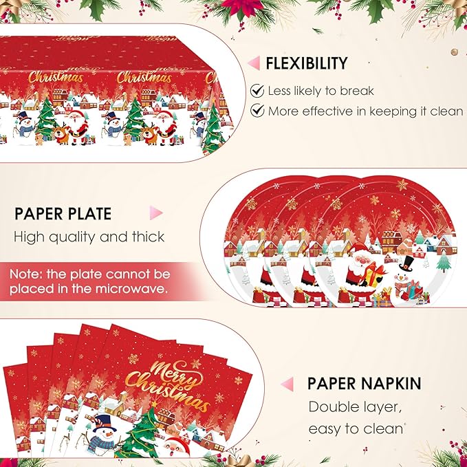 41 PCS Christmas Party Decorations,Christmas Table Decorations Xmas Party Tableware Set Include Disposable Christma Paper Plates Napkins and Tablecloth,Xmas Holiday Party Serves 20 Guests