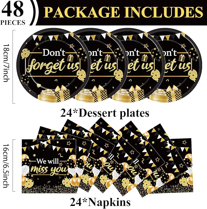 48Pcs We Will Miss You Paper Plates and Napkins Farewell Party Decorations Goodbye Party Supplies Black and Gold Going Away Disposable Tableware Set for Leaving Retirement Graduation Serve 24