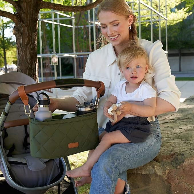 Beautiful Stroller Caddy Organizer With 2 Cup Holders – Luxury Stroller Bag, Universal Fit, Leather Straps & Zipper Pocket – Spacious Accessories Perfectly Fits Doona, Nuna & Uppababy Strollers