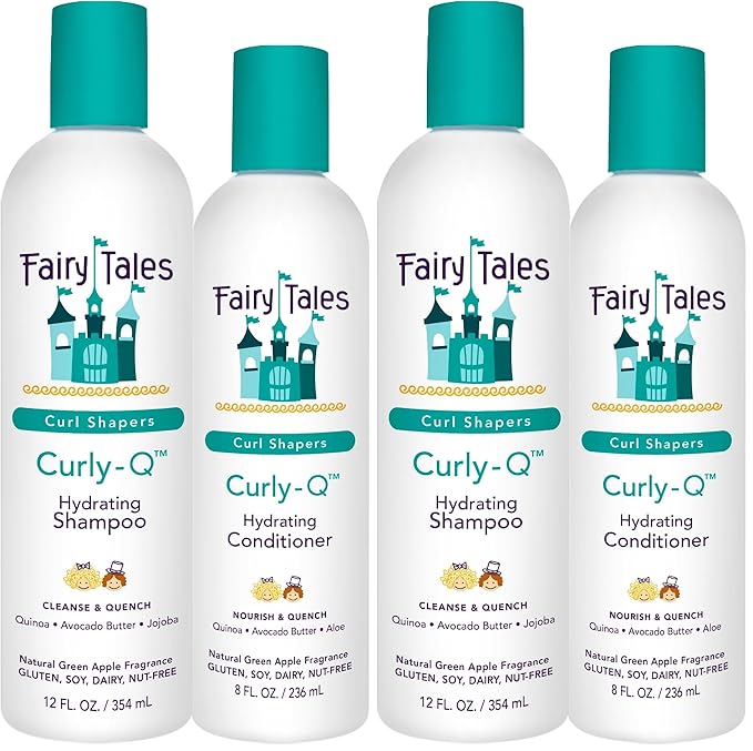 Fairy Tales Curly Q Hydrating Kids Shampoo 12oz and Conditioner 8oz - Paraben, Sulfate, Gluten, and Nut Free - For All Curl Types Including Multi Cultural Hair (4 Pack)