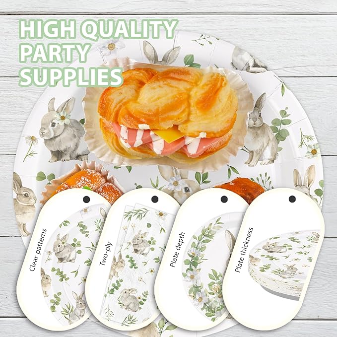 168Pcs Bunny Rabbit Paper Plates and Napkins Disposable Spring Bunny Rabbit Party Plates Rabbits Sage Green Tableware Set for Girls Boys Spring Sage Green Holiday Birthday Party Supplies Serves 24