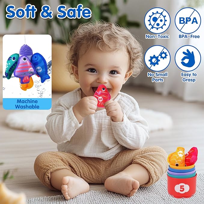 Arovan Montessori Toys for 1 Year Old - Cloth Fishing Game with Stacking Cups Toddler Toys for One Year Old Boy Girl First Birthday Gift - Sorting Learning Baby Toy 12-18 Months 1 2 Year Old
