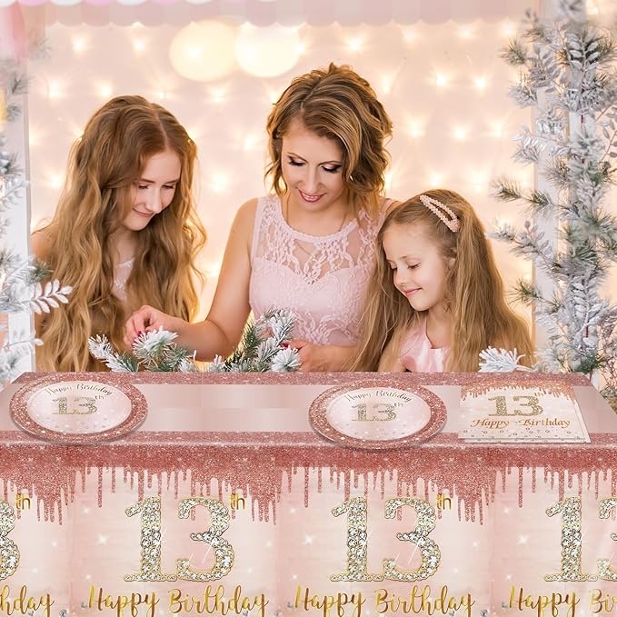41Pcs 13th Birthday Party Decorations for Girls, Rose Gold Party Supplies Include 20 Plates 20 Napkins and 1 Pcs Tablecloth, Sweet Thirteen Year Old Birthday Party Tableware for Girls Kids Children