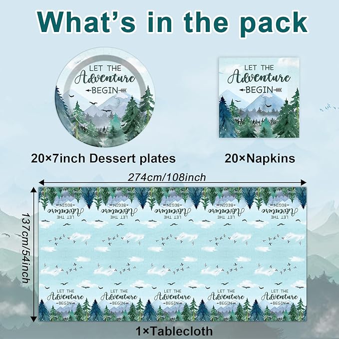 ZOIIWA Adventure Awaits Tableware Set Let The Adventure Begin Plates Napkins Tree Mountain Wilderness Tablecloths Winter Party Dinnerware for Kids Baby Shower Birthday Party Decor Supplies