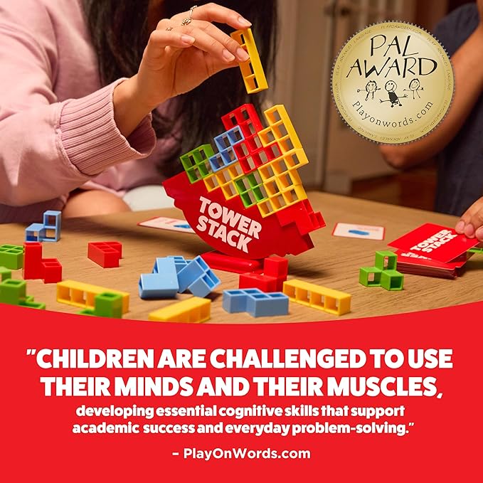 Tower Stack By Relatable, Exciting Tower Game for Kids & Adults Family Game Night, Fun Stacking and Building Toys, Includes 36 Cards, 24 Blocks, 1 Tower Body, 1 Tower Stand, and Instructions