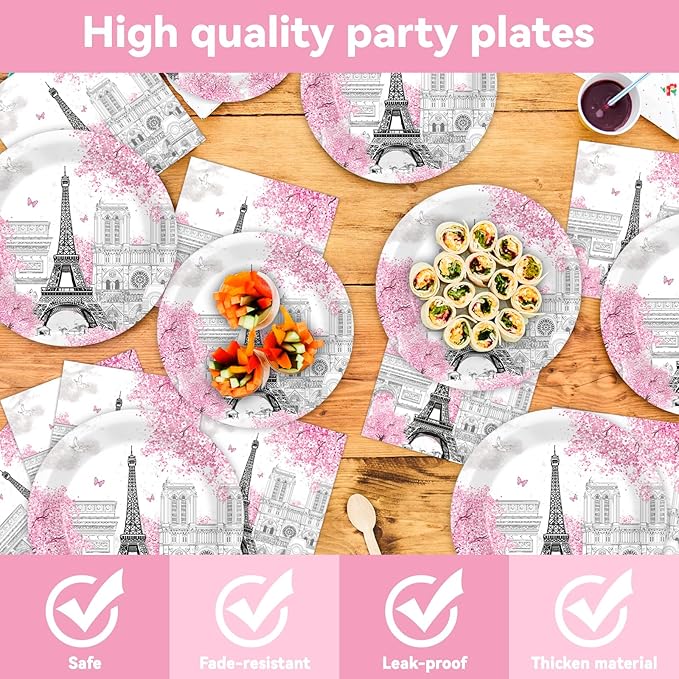 ZOIIWA Paris Themed Party Decorations Eiffel Tower Birthday Paper Plates and Napkins Tableware Set Pink Disposable Tablecloth for Baby Shower Decor Paris Party Supplies