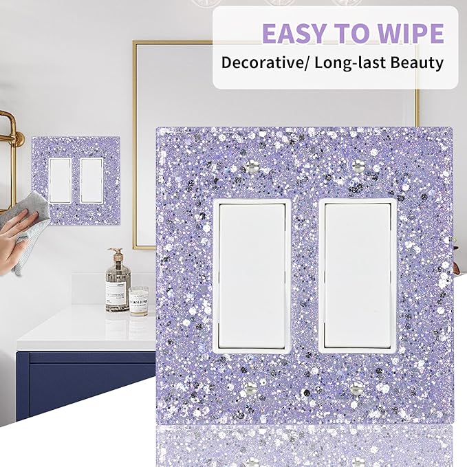 2-Gang Light Switch Cover Plate - Shiny Purple Mirror Finish,5.1"x5.1",Sparkling Design for Outlet or Double Rocker Switch