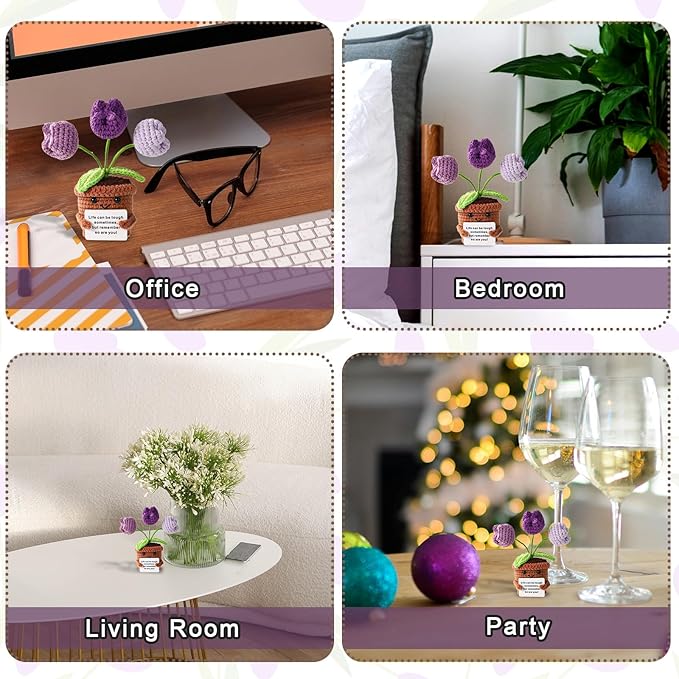 TOYMIS Positive Tulip, Soft Knitted Crochet Tulip with Encouragement Card Inspirational Positive Plant Crochet Flower Wool Doll Emotional Pot Plush Support Gifts for Men Women