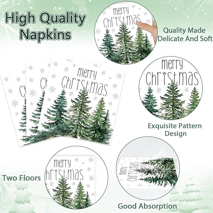 96Pcs Christmas Paper Plates and Napkins for Merry Christmas Watercolor Cedar Snowflake Party Supplies Xmas Pine Trees Party Tableware Set for 24 Guests Holiday Winter Xmas Party Decorations