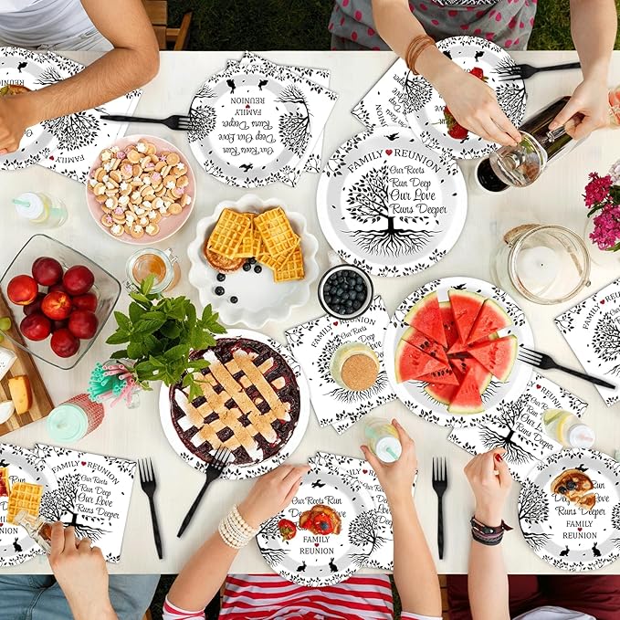 96 Pcs Family Reunion Birthday Party Plates and Napkins for Girls Black and White Family Tree Party Supplies Home Family Tree Leaves Paper Cake Dessert Tableware Set for 24 Guests Party Decorations