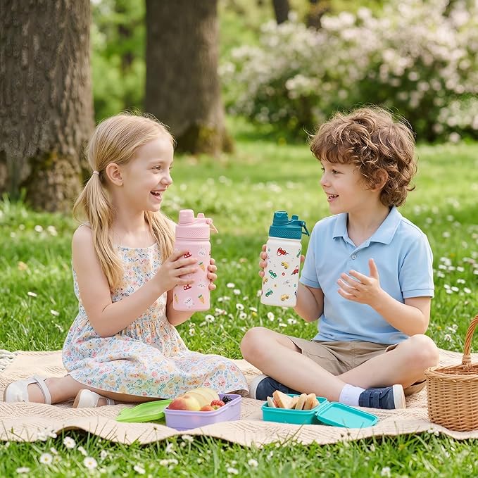 Fijinhom 12 oz Kids Water Bottle, 2-in-1 Stainless Steel Vacuum Insulated Water Bottle for Toddler, Leak Proof Spout & Straw, Double Wall Thermal Flask for Boys&Girls, School, Outdoor, Travel (Rabbit)