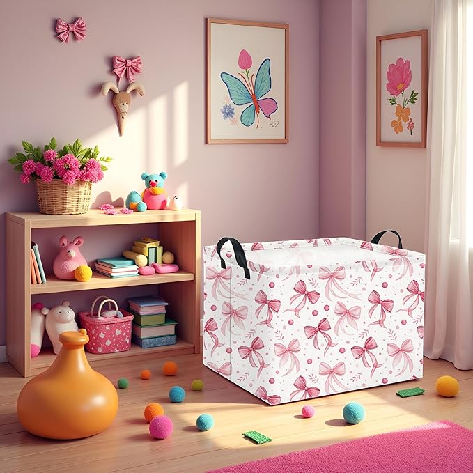 HIYAGON Rectangular Pink Basket for Girls Kids Baby Storage Basket Toy Storage Bin Organizer Box Room Decor(Pink Bowknot)