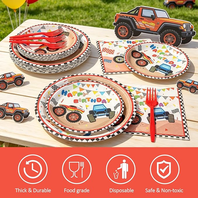 100 Pcs Monster Truck Party Plates and Napkins Set – Disposable Monster Theme Plates,Napkins,and Forks for Boys Birthday Parties and Truck-Themed Celebrations – Serves 25