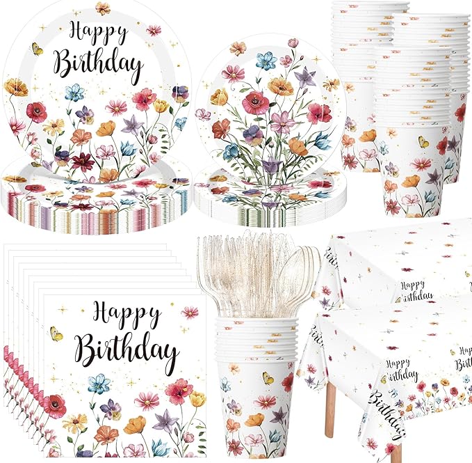 Pickmesh 194 Pcs Wildflower Birthday Party Decorations Spring Floral Tableware Set for 24 Guests Wildflower Birthday Paper Plates and Napkins Cups Tablecloth Cutlery for Women Flower Party Supplies