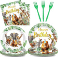 96Pcs Jungle Animals Plates and Napkins Safari Happy Birthday Party Decorations Zoo Party Dessert Plates Wild Animals Lion Tiger Theme Tableware for 24 Guests Men Woman Adults Birthday Supplies