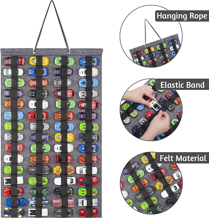 Hanging Storage Organizer for Toy Cars Felt Display Case Hold Up 60 Toy Cars (Without Accessories)(Gray)